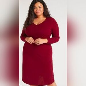 Maroon Ribbed V-Neck Long Sleeve Dress NWOT